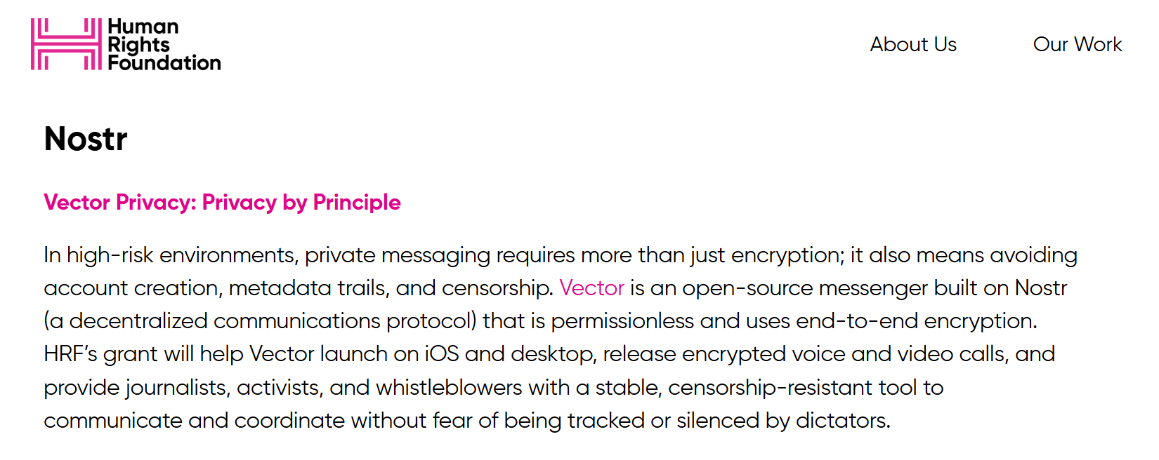 Vector Privacy: Privacy by Principle, as listed under Nostr in HRF's announcement