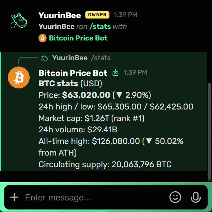Bitcoin Price Bot displaying price after command